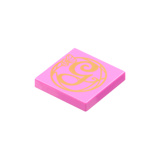 Dark Pink Tile 2 x 2 with Gold Script Capital Letter G Glinda and Flower Pattern