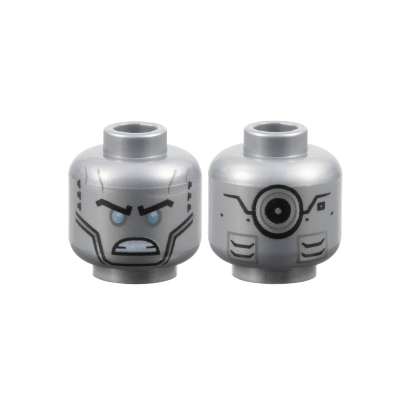 Flat Silver Minifigure, Head Alien Robot with Black Eyebrows, Metallic Light Blue Eyes, Cheek Lines, Angry Bared Teeth, Vents and Silver Circle on Back Pattern
