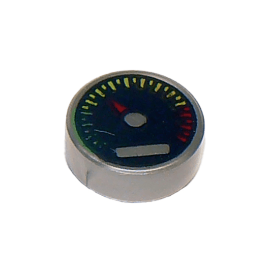 Flat Silver Tile, Round 1 x 1 with Black Gauge with Red Pointer and Green, Yellow, and Red Tick Marks Pattern