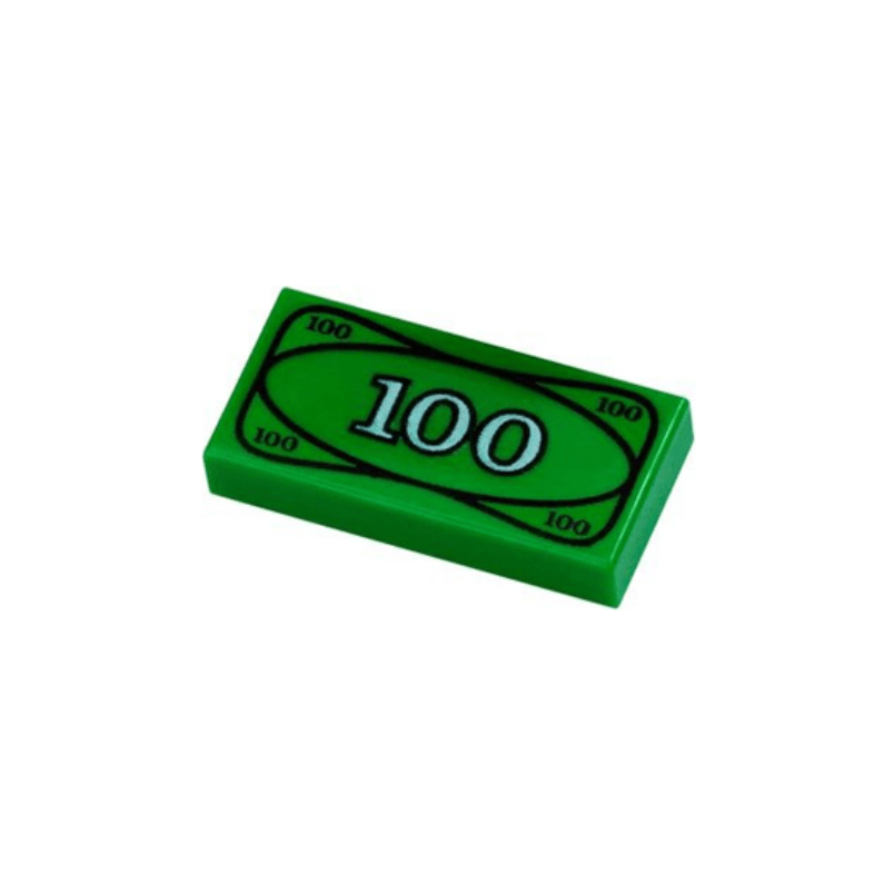 Green Tile 1 x 2 with Currency / Money, 100 Bill / Note Pattern