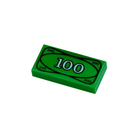 Green Tile 1 x 2 with Currency / Money, 100 Bill / Note Pattern