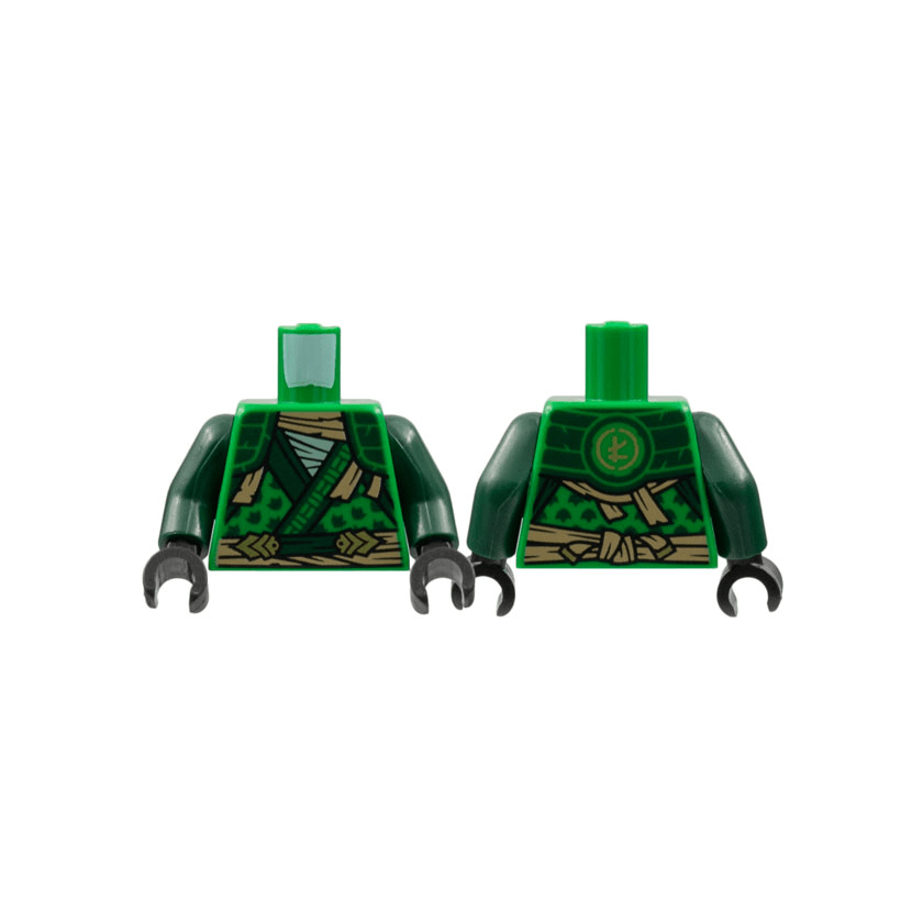 Green Torso Tunic, Dark Green Hems and Shoulder Pads, Tan Tattered Scarf and Sash, Gold Ninjago Logogram Letter L on Back Pattern / Dark Green Arms / Black Hands