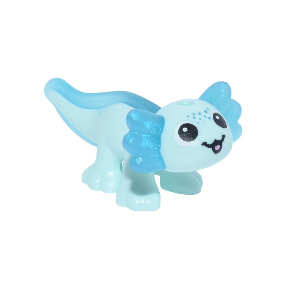 Light Aqua Salamander, Friends Style, Axolotl with Molded Satin Trans-Light Blue Fin and Gills and Printed Black Eyes and Mouth, Dark Turquoise Spots, Bright Pink Tongue Pattern