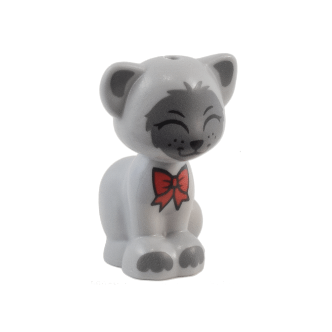 Light Bluish Gray Cat, Friends Style, Sitting with Red Bow, Black Nose and Closed Eyes, Dark Bluish Gray Inner Ears, Patches and Paws Pattern Gertrude