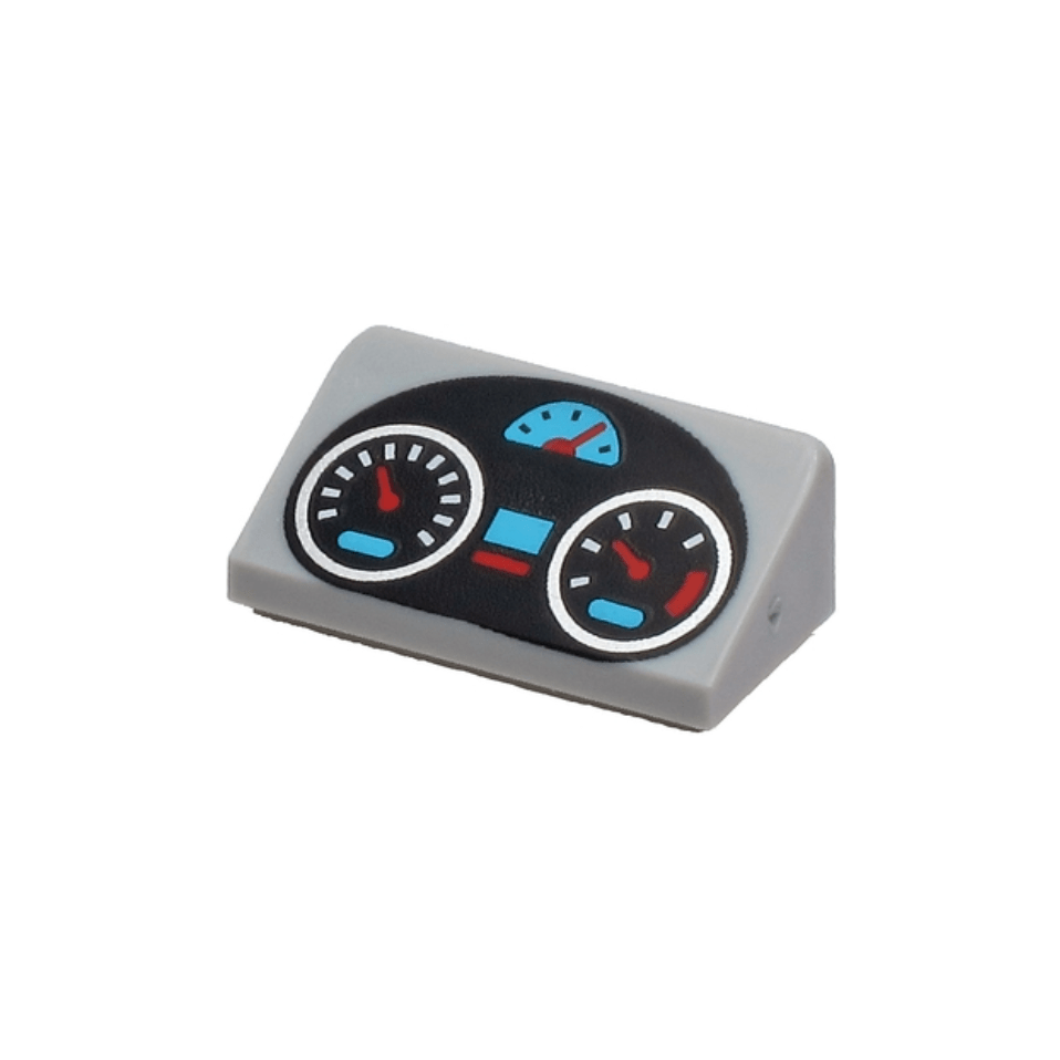 Light Bluish Gray Slope 30 1 x 2 x 2/3 with Black Oval Dashboard with Silver, Medium Azure and Red Gauges Pattern