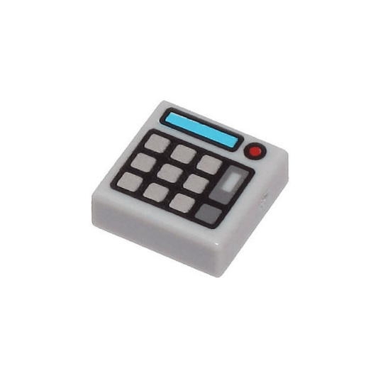 Light Bluish Gray Tile 1 x 1 with Silver Keypad Buttons, Medium Azure Screen and Red Light Calculator Pattern