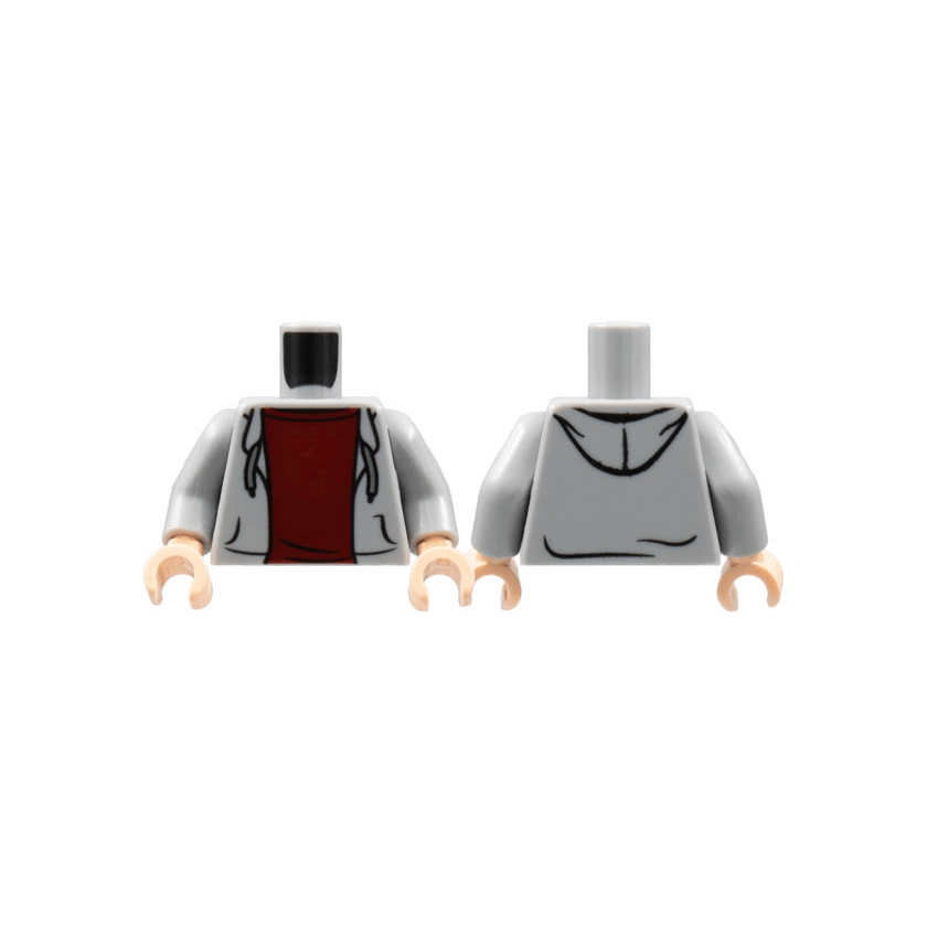 Light Bluish Gray Torso Hoodie Open with Pockets and Dark Bluish Gray Drawstrings over Dark Red Shirt Pattern / Light Bluish Gray Arms / Light Nougat Hands