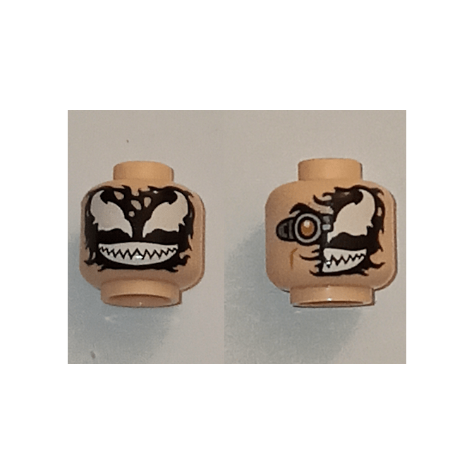 Light Nougat Minifigure, Head Dual Sided Alien, Partial Venom Smudge, Silver Goggle Right / Full Black Venom with White Eyes and Teeth Pattern