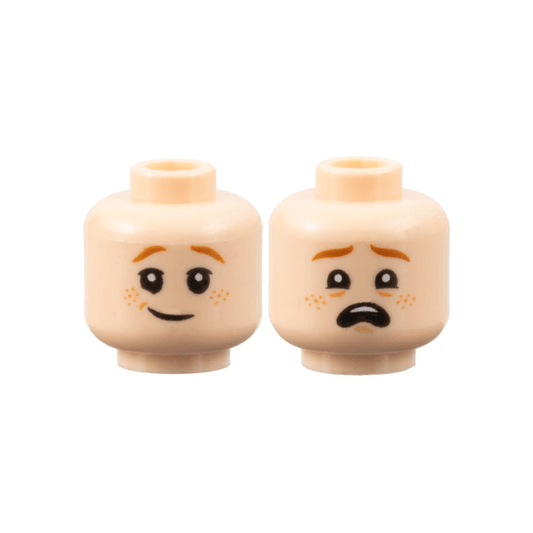 Light Nougat Minifigure, Head Dual Sided Child Dark Orange Eyebrows, Nougat Freckles, Lopsided Grin / Scared Open Mouth with Top Teeth Pattern