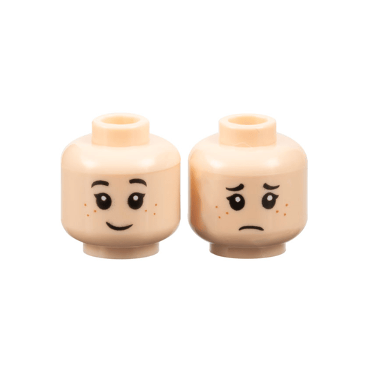 Light Nougat Minifigure, Head Dual Sided Child Female Black Eyebrows, Eyelashes, Dark Orange Freckles, Grin / Sad Frown Pattern