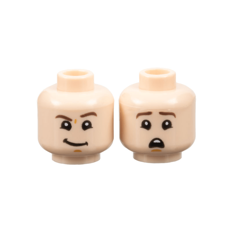 Light Nougat Minifigure, Head Dual Sided Dark Brown Eyebrows, Medium Nougat Chin Dimple, Lopsided Grin with Raised Left Eyebrow / Scared Open Mouth with Top Teeth Pattern