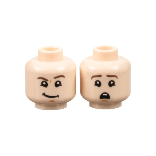 Light Nougat Minifigure, Head Dual Sided Dark Brown Eyebrows, Medium Nougat Chin Dimple, Lopsided Grin with Raised Left Eyebrow / Scared Open Mouth with Top Teeth Pattern
