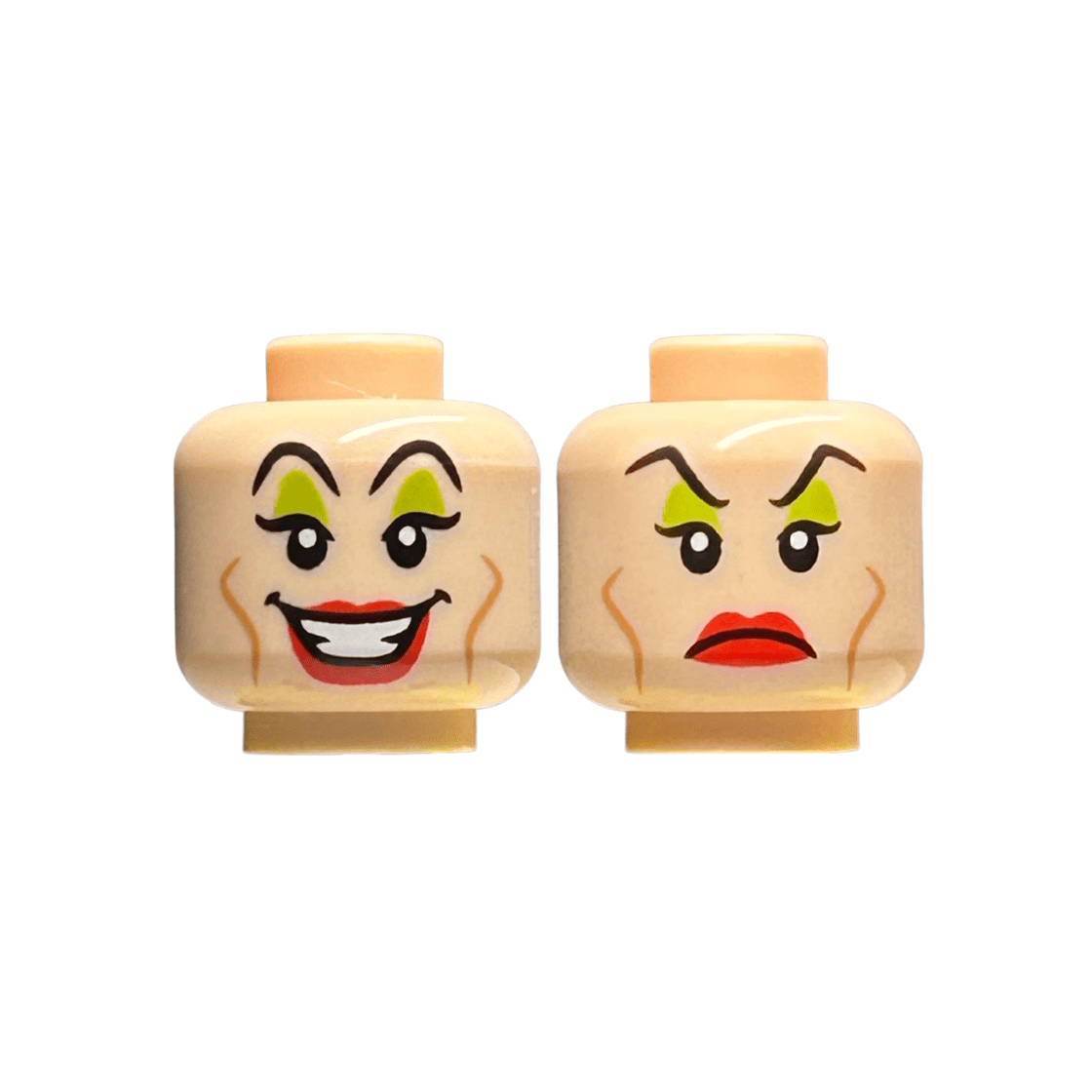 Light Nougat Minifigure, Head Dual Sided Female Black Eyebrows, Lime Eye Shadow, Medium Nougat Cheek Lines, Red Lips, Open Mouth Smile / Frown Pattern