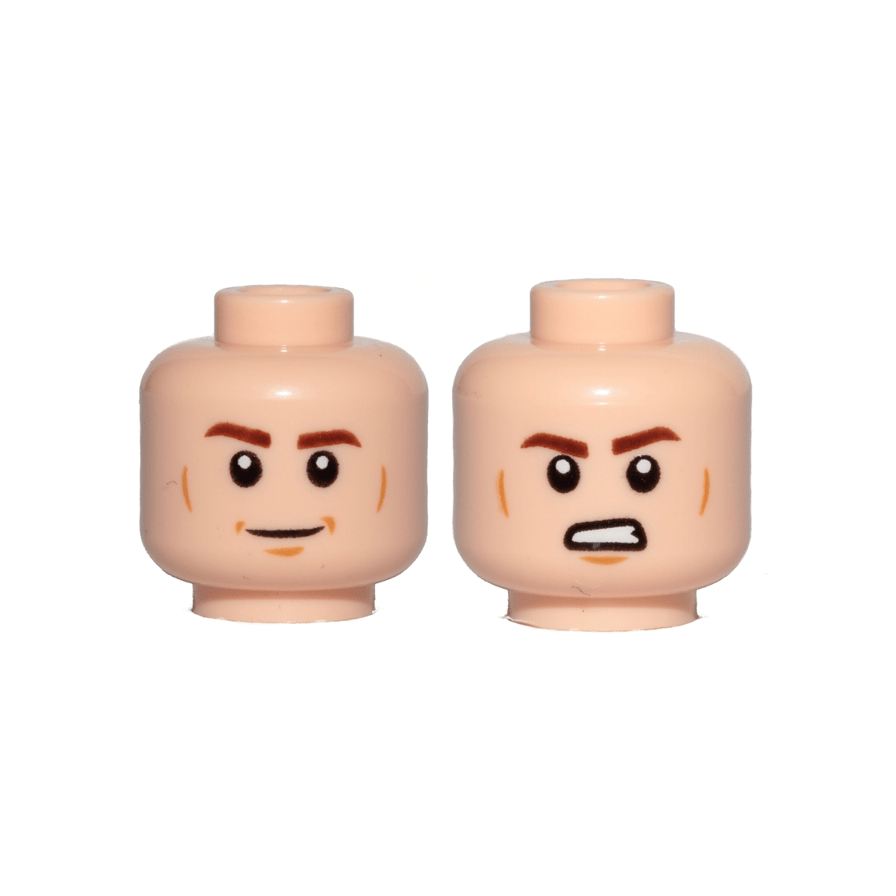 Light Nougat Minifigure, Head Dual Sided Reddish Brown Eyebrows, Medium Nougat Cheek Lines and Chin Dimple, Smile / Angry with Bared Teeth Pattern