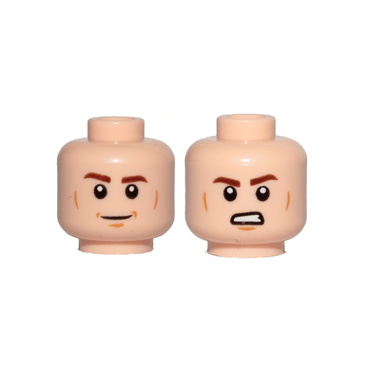 Light Nougat Minifigure, Head Dual Sided Reddish Brown Eyebrows, Medium Nougat Cheek Lines and Chin Dimple, Smile / Angry with Bared Teeth Pattern