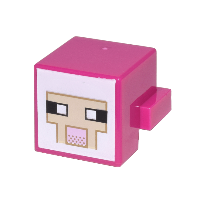 Magenta Creature Head Pixelated with Black and White Eyes, Bright Pink Nose, Tan Face with Dark Tan Outline on White Background Pattern Minecraft Sheep