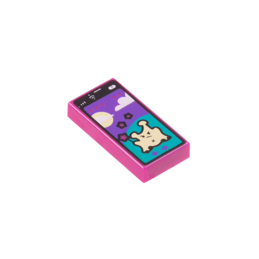 Magenta Tile 1 x 2 with Cell Phone / Smartphone with Game with Bright Light Yellow Alien on Dark Turquoise Hill, Sun, Clouds, and Dark Purple Sky Pattern