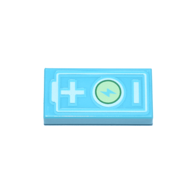 Medium Azure Tile 1 x 2 with Electric Car Battery with Green Circle, Yellowish Green Lightning Bolt Power Symbol and White Plus and Minus Sign Pattern