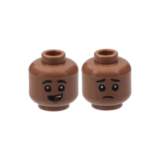 Medium Brown Minifigure, Head Dual Sided Child Black Eyebrows, Lopsided Open Mouth Smile with Top Teeth and Red Tongue / Sad Pattern