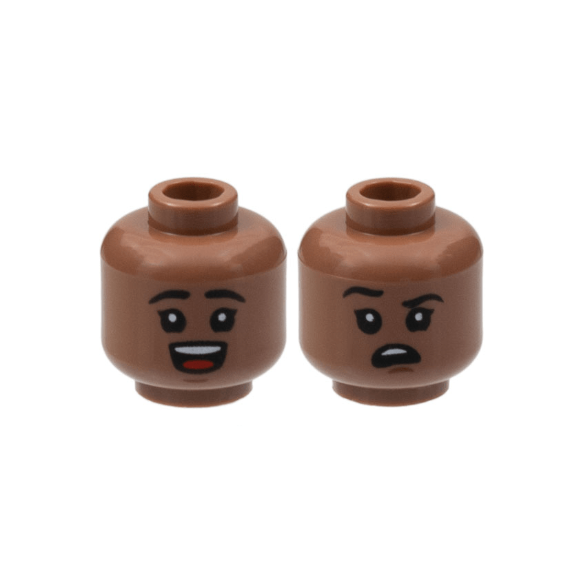 Medium Brown Minifigure, Head Dual Sided Child Black Eyebrows, Open Mouth Smile with Top Teeth and Red Tongue / Right Eyebrow Raised, Confused Pattern