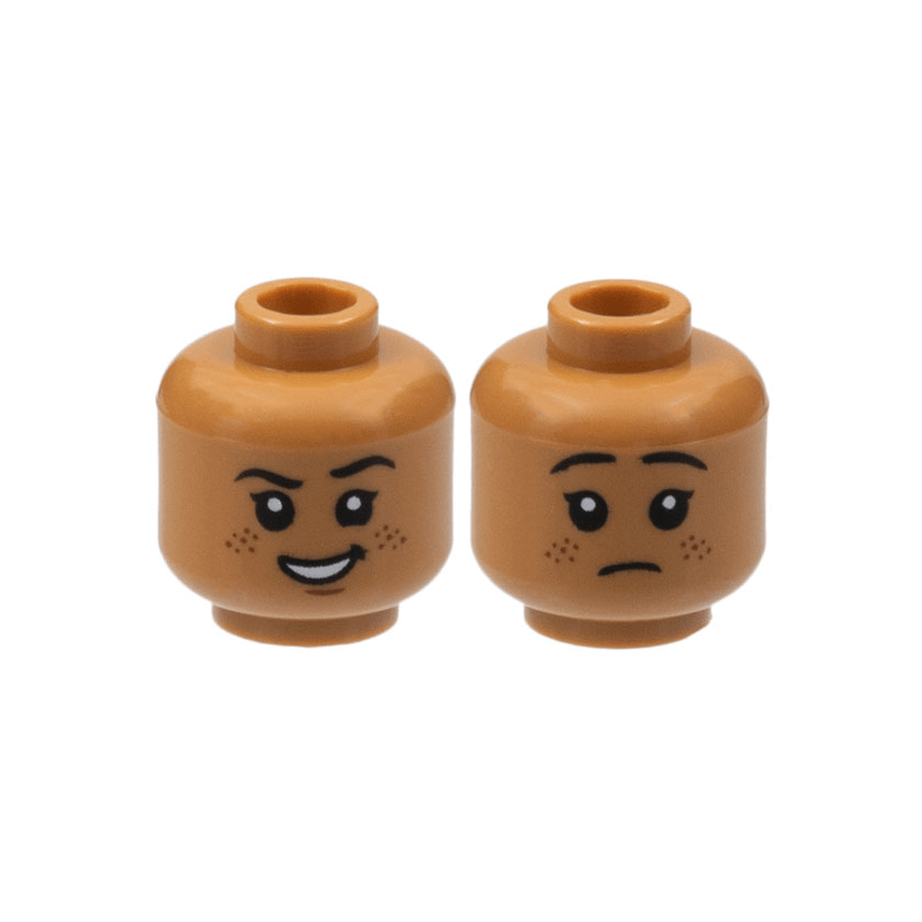 Medium Nougat Minifigure, Head Dual Sided Child, Black Eyebrows and Eyes with White Pupils, Smirk with Open Mouth Smile, Reddish Brown Freckles / Sad Pattern