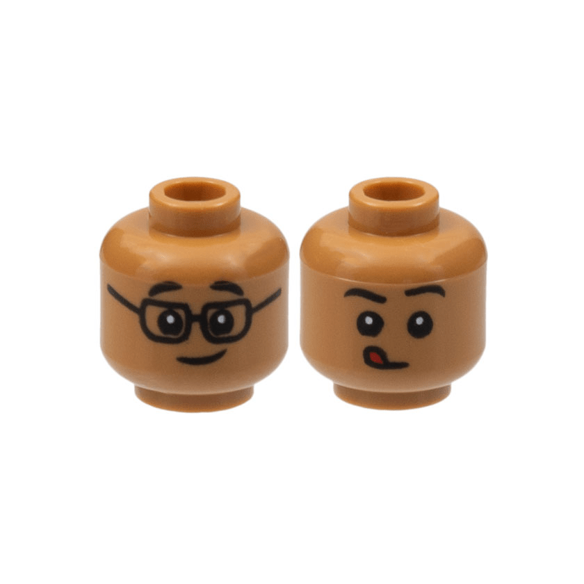 Medium Nougat Minifigure, Head Dual Sided Child Black Eyebrows, Glasses and Grin / Closed Mouth with Red Tongue Licking Pattern