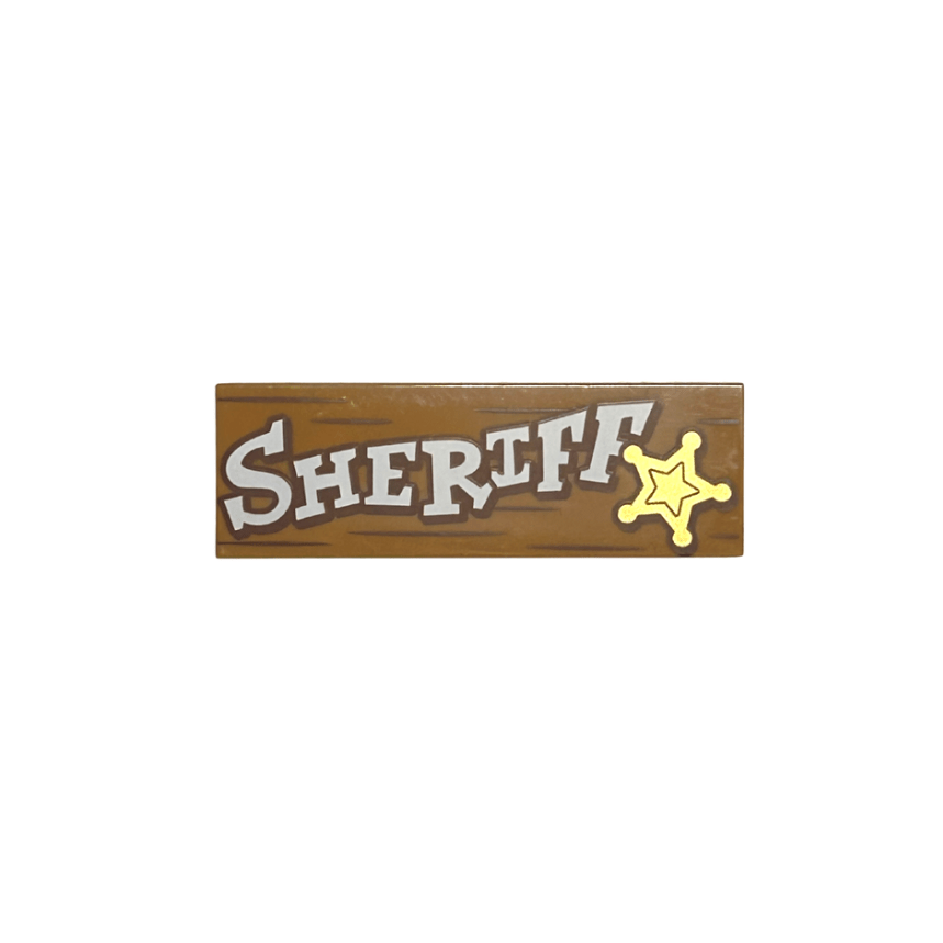 Medium Nougat Tile 2 x 6 with White 'SHERIFF', Gold Star and Reddish Brown Wood Grain Lines Pattern