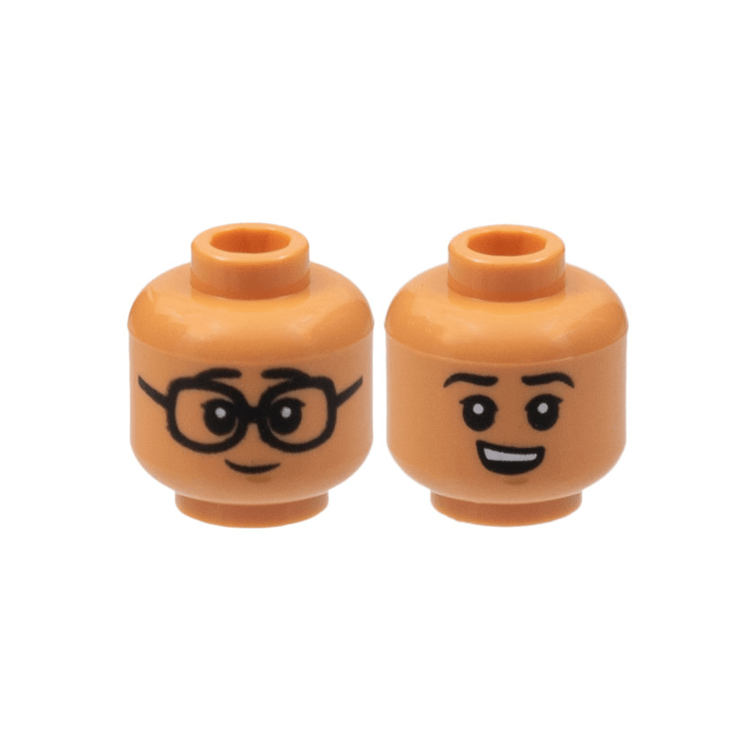 Nougat Minifigure, Head Dual Sided Child, Black Eyebrows and Eyes with White Pupils, Glasses / Smirk with Teeth Pattern