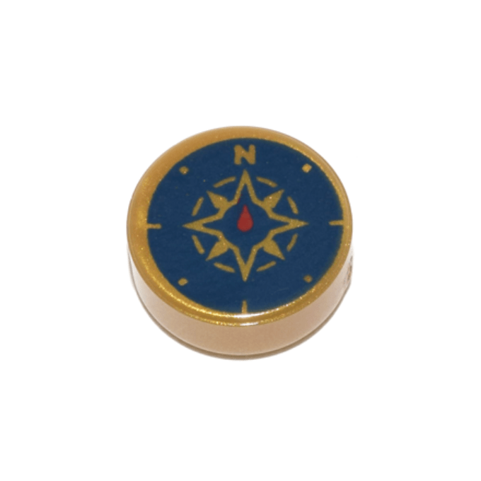 Pearl Gold Tile, Round 1 x 1 with Dark Blue Compass Rose and Red Needle Pattern