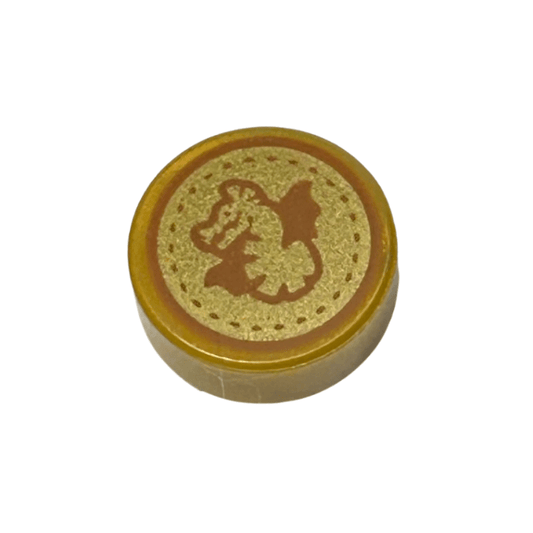 Pearl Gold Tile, Round 1 x 1 with Dark Orange Dragon and Dotted Circle on Gold Background Pattern HP Unum Galleon