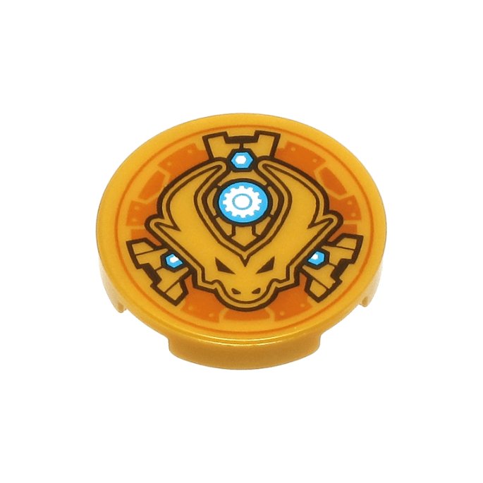 Pearl Gold Tile, Round 2 x 2 with Bottom Stud Holder with Dragon Head with Horns and Black Eyes, Dark Azure and White Nuts and Gear in Circle Pattern
