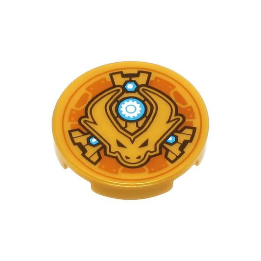 Pearl Gold Tile, Round 2 x 2 with Bottom Stud Holder with Dragon Head with Horns and Black Eyes, Dark Azure and White Nuts and Gear in Circle Pattern