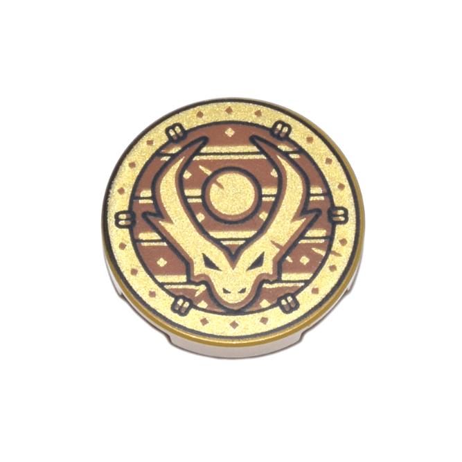 Pearl Gold Tile, Round 2 x 2 with Bottom Stud Holder with Dragon Head with Horns and Black Outline on Dark Orange Stripes in Circle Pattern