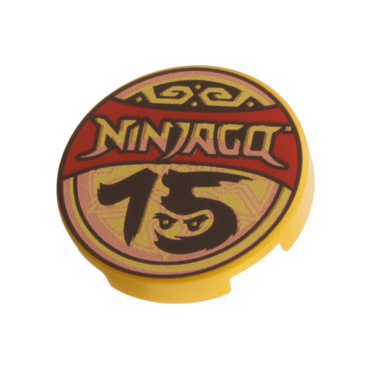 Pearl Gold Tile, Round 2 x 2 with Bottom Stud Holder with 'NINJAGO 15', Red Banner, Copper Trim Pattern
