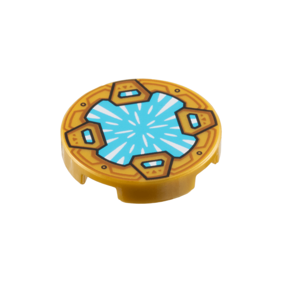 Pearl Gold Tile, Round 2 x 2 with Bottom Stud Holder with Medium Azure Crystal with White Radiating Reflections, Clasps with Dark Orange Shapes Pattern