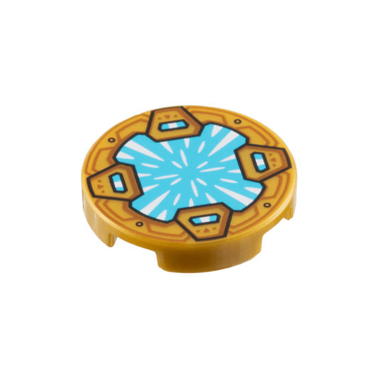Pearl Gold Tile, Round 2 x 2 with Bottom Stud Holder with Medium Azure Crystal with White Radiating Reflections, Clasps with Dark Orange Shapes Pattern