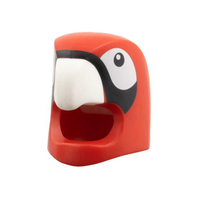Red Minifigure, Headgear Head Cover, Costume Parrot with Molded White Beak, Printed White Cheeks, Black Eyes and Stripe Pattern