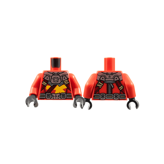 Red Torso Silver Armor and Buckle, Dark Red Straps, Bright Light Orange Ninjago Logogram Letter K Pattern / Red Arms / Black Hands