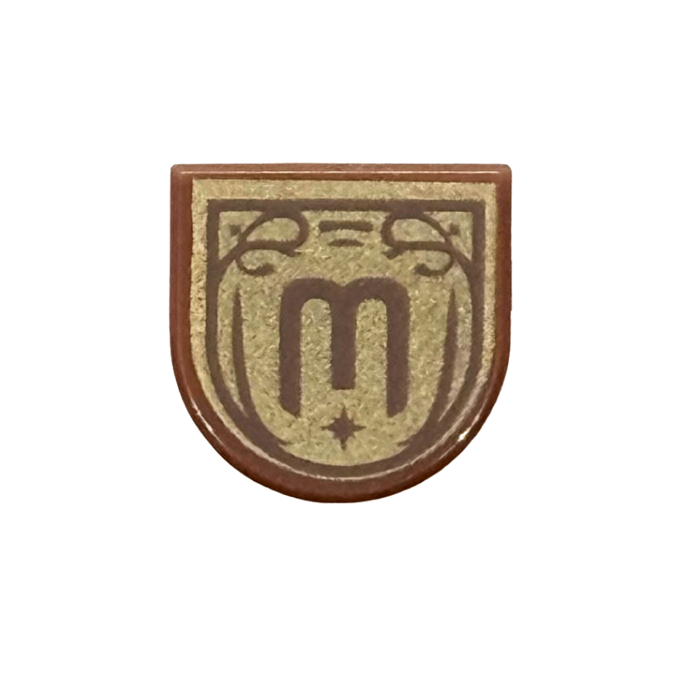 Reddish Brown Tile, Round 1 x 1 Half Circle Extended with Dark Brown Letter E / M / W in Ornate Frame on Gold Background Pattern