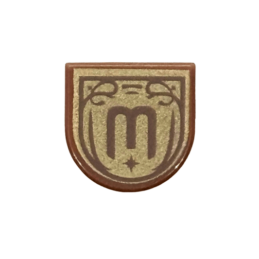 Reddish Brown Tile, Round 1 x 1 Half Circle Extended with Dark Brown Letter E / M / W in Ornate Frame on Gold Background Pattern
