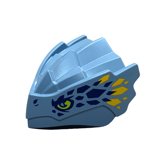 Sand Blue Dragon Head Ninjago with Stepped Top and Pin Hole on Back with Lime Eyes, Dark Blue and Bright Light Orange Scales Pattern