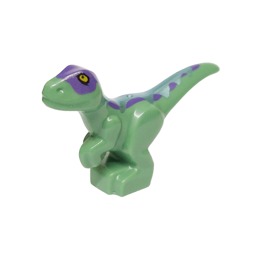 Sand Green Dinosaur Baby Standing with Dark Purple Back, Metallic Light Blue Stripes, and Yellow Eyes Pattern