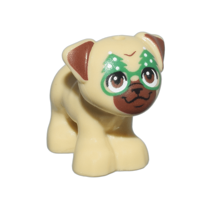 Tan Dog, Friends Style, Pug, Standing with Reddish Brown Muzzle, Ears and Eyes, Black Nose, Mouth and Eyelashes, Green and White Christmas Tree Glasses Pattern