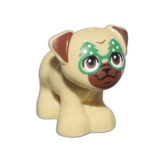 Tan Dog, Friends Style, Pug, Standing with Reddish Brown Muzzle, Ears and Eyes, Black Nose, Mouth and Eyelashes, Green and White Christmas Tree Glasses Pattern