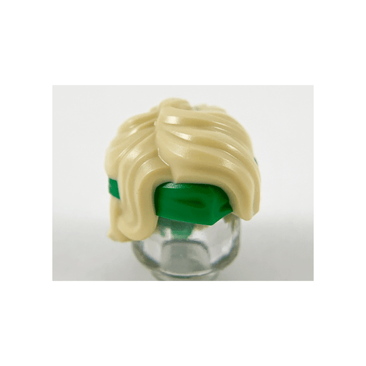 Tan Minifigure, Hair Swept Back Tousled with Molded Green Bandana Headband Pattern