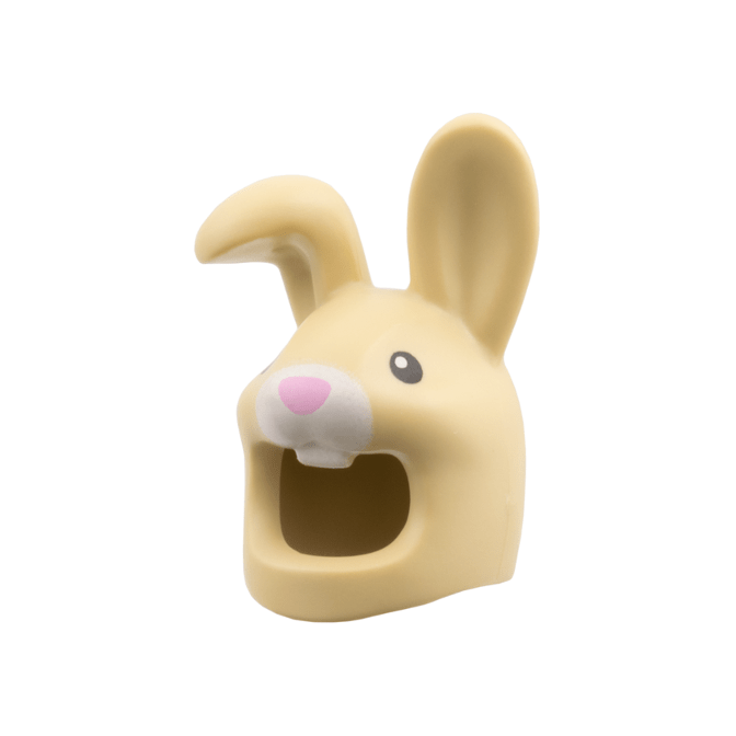 Tan Minifigure, Headgear Head Cover, Costume Rabbit with Bent Ear Right, Black Eyes, Bright Pink Nose, White Muzzle and Teeth Pattern
