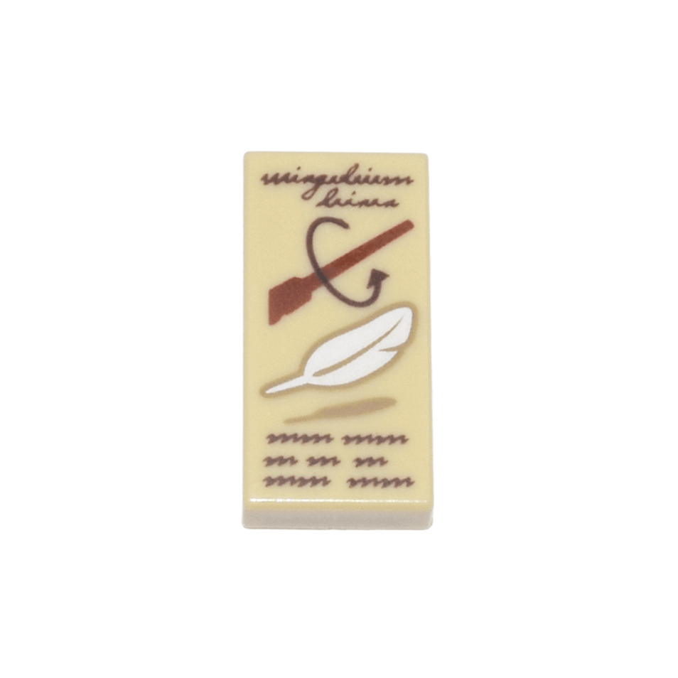 Tan Tile 1 x 2 with Dark Brown Script 'wingardium leviosa' and Scribbles, Reddish Brown Wand, White Feather Pattern