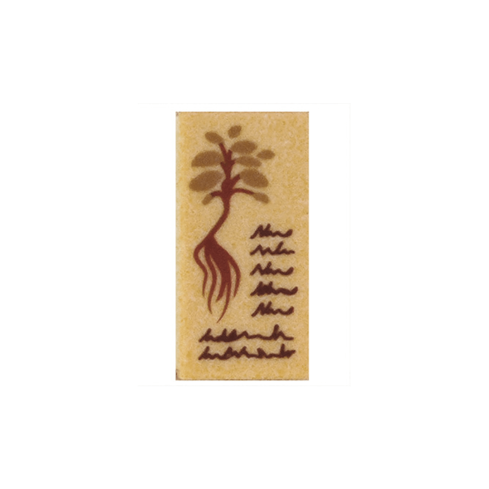 Tan Tile 1 x 2 with Reddish Brown Text and Plant Pattern