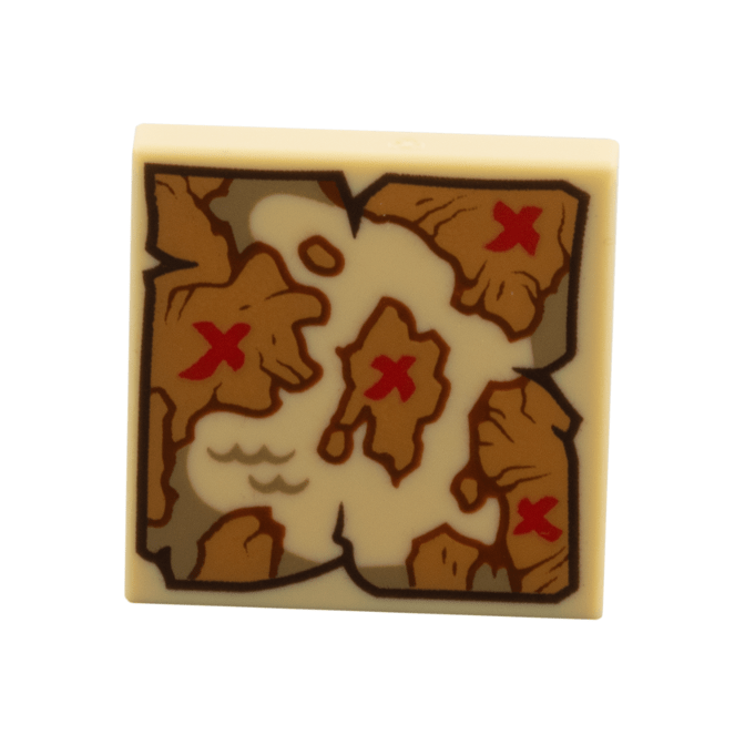 Tan Tile 2 x 2 with Map, Medium Nougat Islands on Tan Sea, 4 Red 'X' Pattern