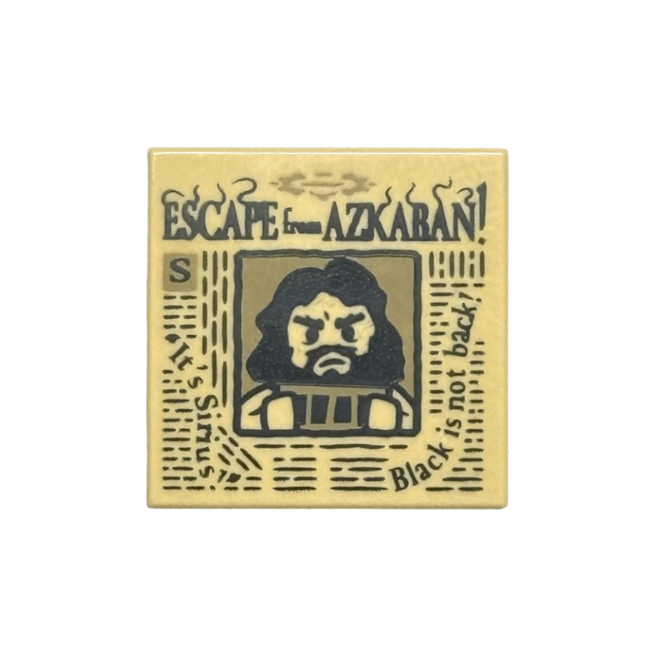 Tan Tile 2 x 2 with Newspaper with 'ESCAPE from AZKABAN!', 'It's Sirius!', 'Black is not back!' and Sirius Black Minifigure on Wanted Poster Pattern